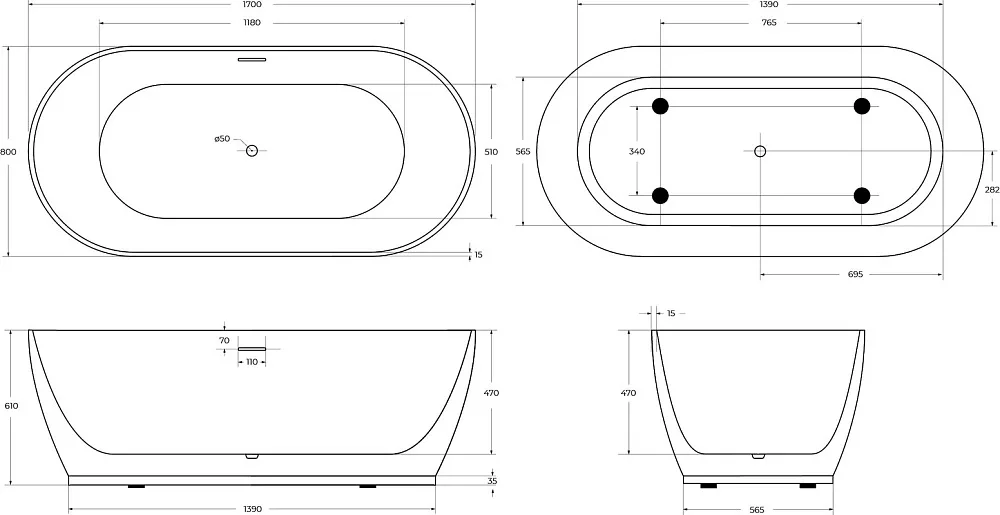 Акриловая ванна BelBagno BB413 170x80 см, отдельностоящая, белая матовая, овальная, со сливом-перели Sancos — официальный сайт
