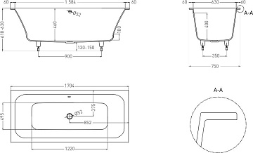 Ванна из искусственного камня Salini Orlanda Axis S-Sense 170x75 см, встраиваемая, матовая белая, на