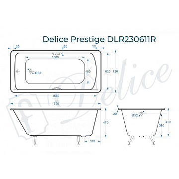 Чугунная ванна Delice Prestige 175х75 см, с отверстиями для ручек