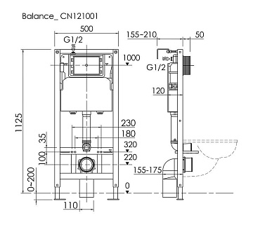 Система инсталляции для унитазов Ceramicanova Balance CN121002MB, кнопка Square матовый черный