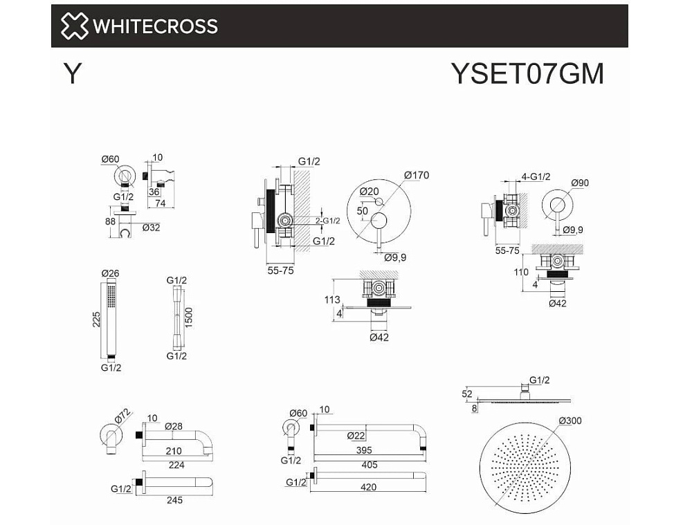 Душевой комплект WHITECROSS Y YSET07GM, С ВНУТРЕННЕЙ ЧАСТЬЮ, оружейная сталь