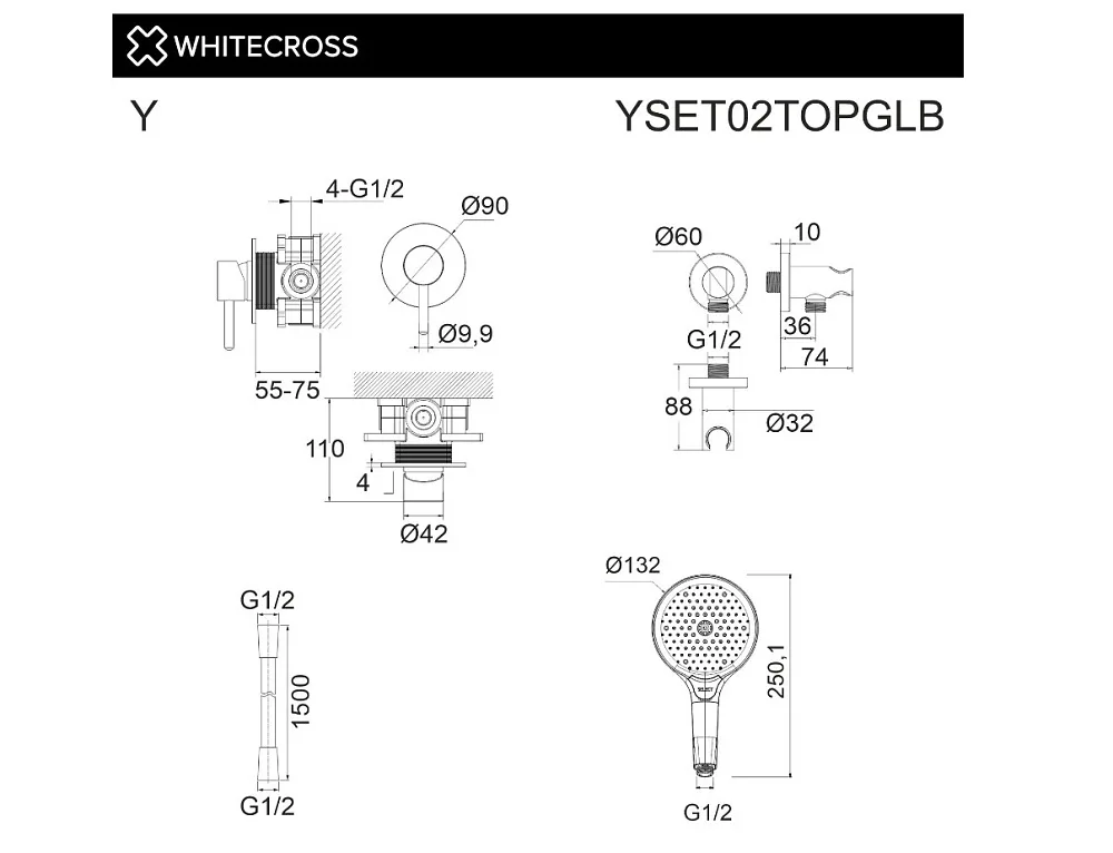 Душевой комплект WHITECROSS Y YSET02TOPGLB С ВНУТРЕННЕЙ ЧАСТЬЮ, брашированное золото Sancos — официальный сайт