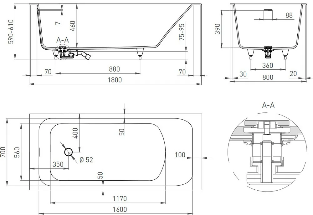 Ванна из искусственного камня Salini Orlanda Kit 180x80 см, встраиваемая, белая, со сливом-переливом Sancos — официальный сайт