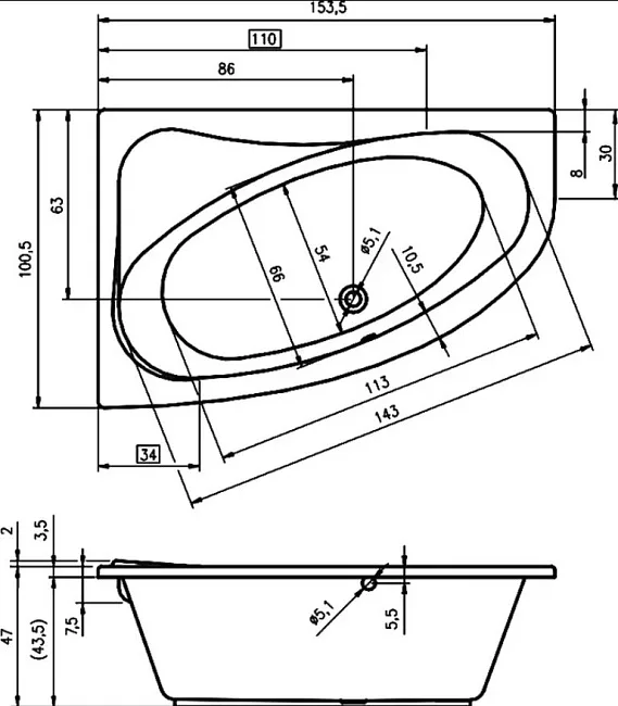 Акриловая ванна Riho ARYL B021001005 R без опоры 155x100 см, угловая, правая, пристенная, белая Sancos — Оригинал