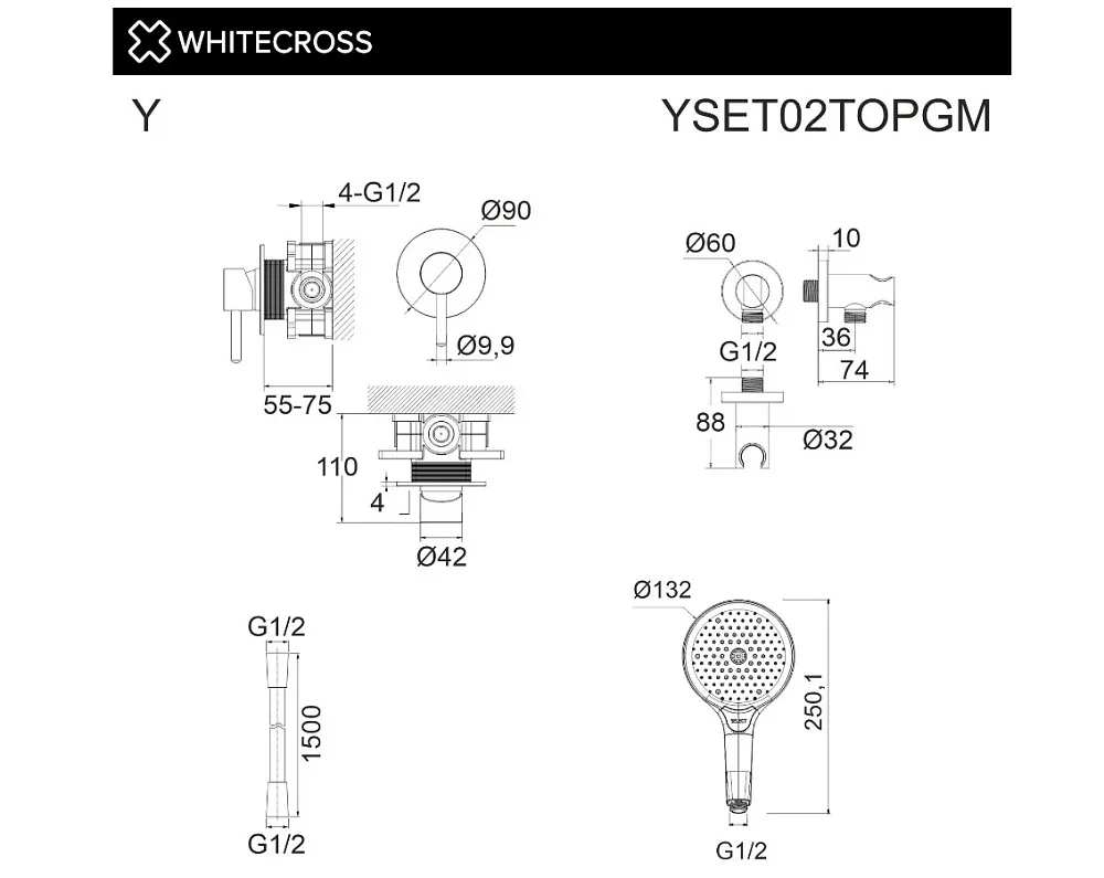 Душевой комплект WHITECROSS Y YSET02TOPGM С ВНУТРЕННЕЙ ЧАСТЬЮ, оружейная сталь Sancos — официальный сайт