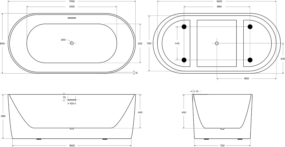 Акриловая ванна BelBagno BB411 170x80 см, отдельностоящая, белая, овальная, со сливом-переливом, с д Sancos — официальный сайт