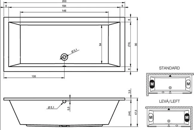 Акриловая ванна Riho Lusso B016001005 без опоры 200x90 см, встраиваемая, белая Sancos — Оригинал