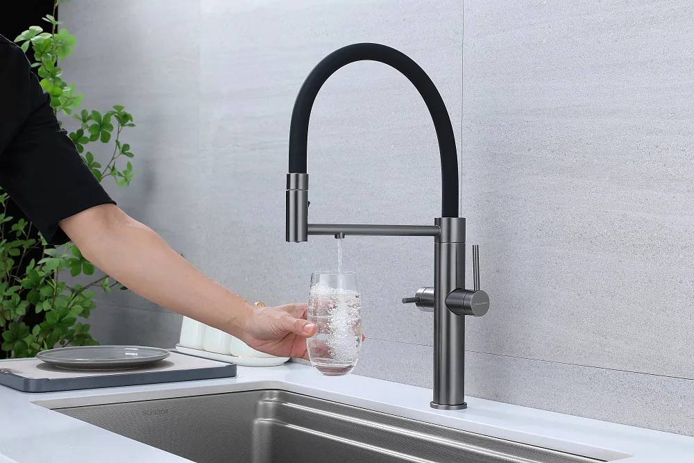 Смеситель для кухни Paulmark Nexus Ne213999-GM с гибким изливом, вороненая сталь Sancos — официальный сайт