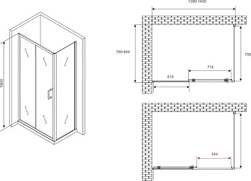 Душевой уголок Abber Schwarzer Diamant AG30140B5-S80B5 140х80, профиль черный, стекло прозрачное