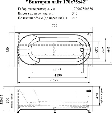 Акриловая ванна Radomir Виктория лайт 170x75 см, 2-01-0-0-1-259Р