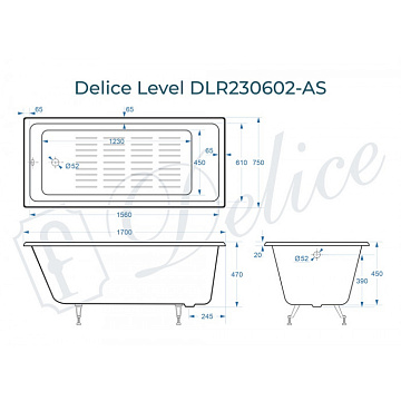 Чугунная ванна Delice Level 170х75 см, с антискользящим покрытием