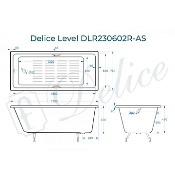 Чугунная ванна Delice Level 170х75 см, с отверстиями для ручек, с антискользящим покрытием