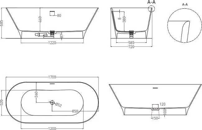 Ванна из искусственного камня Salini Mona S-Sense 170x70 см, отдельностоящая, белая, овальная, с дон Sancos — Оригинал
