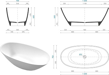 Ванна из искусственного камня WHITECROSS Onyx B 160x75 см, отдельностоящая, матовая белая, овальная,