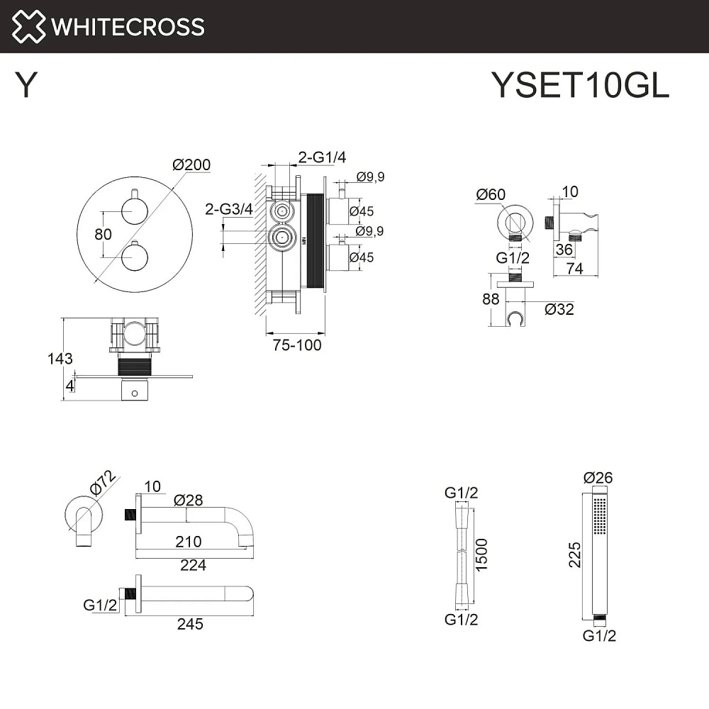 Душевой комплект WHITECROSS Y YSET10GL, С ВНУТРЕННЕЙ ЧАСТЬЮ, золото