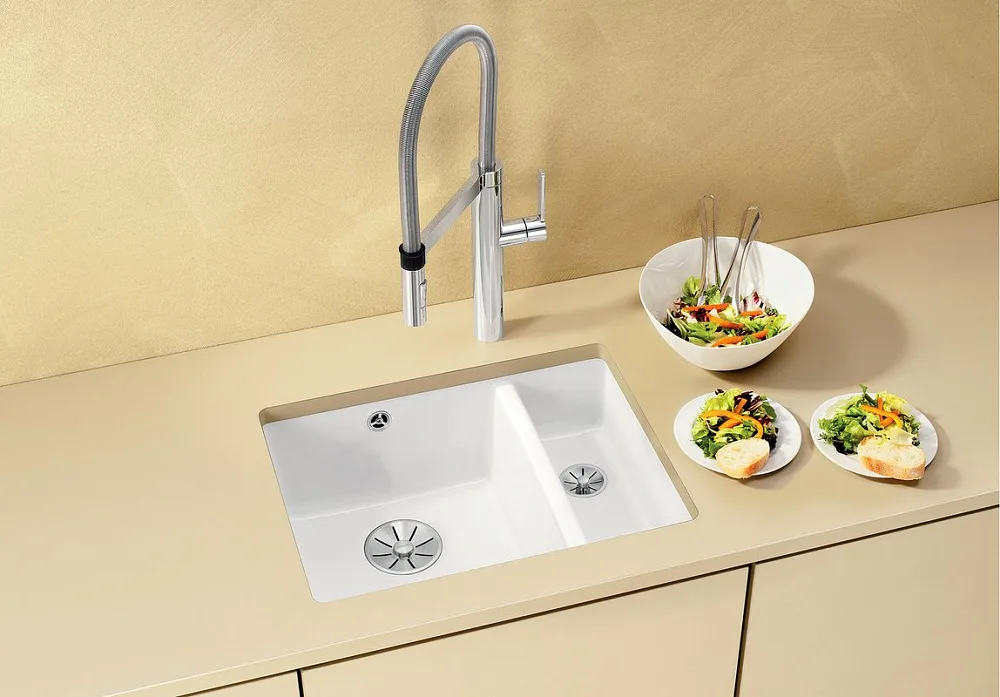 Мойка кухонная Blanco Subline 350/150-U глянцевая белая, с отводной арматурой InFino Sancos — официальный сайт