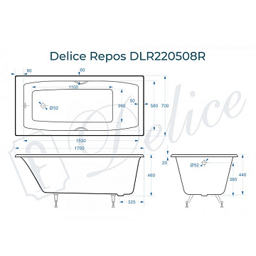 Чугунная ванна Delice Repos 170х70 см, с черными матовыми ручками