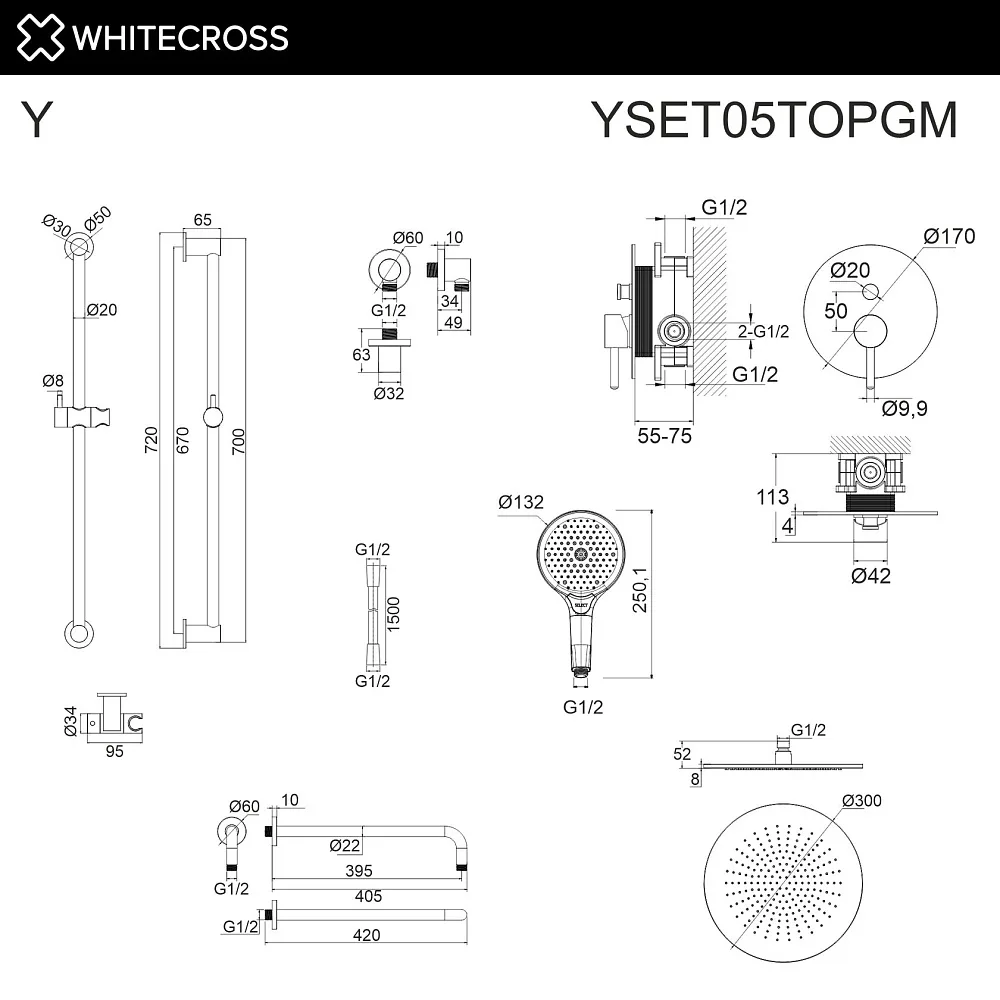 Душевой комплект WHITECROSS Y YSET05TOPGM, С ВНУТРЕННЕЙ ЧАСТЬЮ, оружейная сталь Sancos — официальный сайт