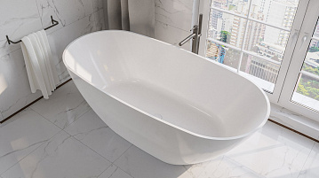 Ванна из искусственного камня WHITECROSS Onyx D 160x75 см, отдельностоящая, белая, овальная, с донны