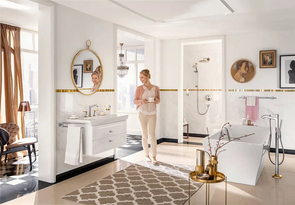 Напольный смеситель для ванны с душем Hansgrohe Metropol Classic 31445090, хром - золото Sancos — официальный сайт