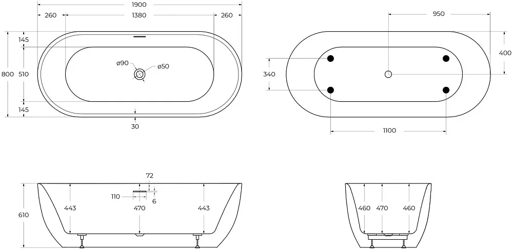 Акриловая ванна BelBagno BB417-1900-800 190x80 см, отдельностоящая, белая, овальная Sancos — официальный сайт