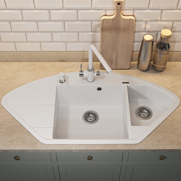 Кухонная мойка кварцевая Uperwood Quartz UPD-06-01, угловая двухсекционная, белая