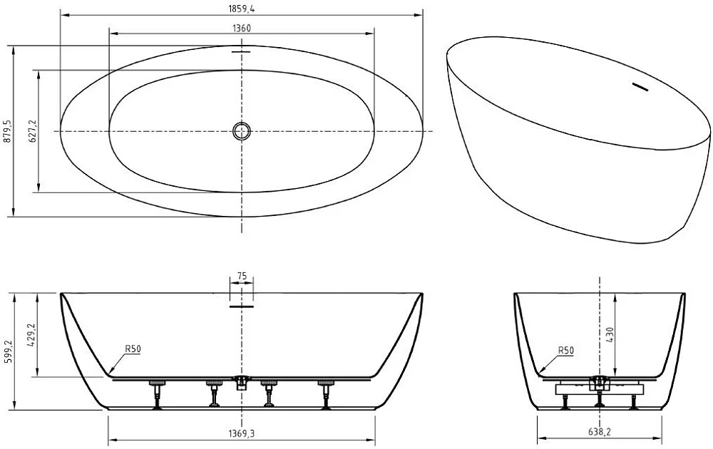 Акриловая ванна BelBagno BB707-1860-880 185x90 см, отдельностоящая, белая, овальная, на ножках Sancos — официальный сайт