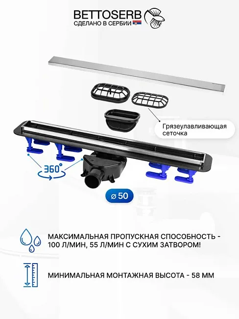 Душевой трап (лоток) BETTOSERB 850 хром Sancos — Оригинал
