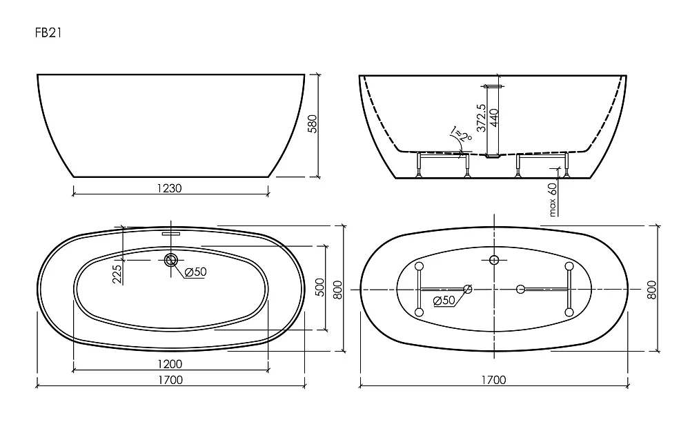 Акриловая ванна Sancos Oval FB21 170x80 см, отдельностоящая, белая, с каркасом, со сливом-переливом Sancos — официальный сайт