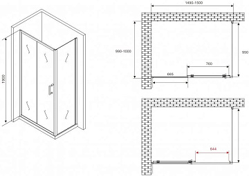 Душевой уголок Abber Schwarzer Diamant AG30150B5-S100B5 150x100, профиль черный, стекло прозрачное