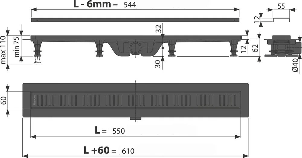 Душевой трап (лоток) AlcaPlast APZ10Black AG101101550, с решеткой и опорами (AG101101550) Sancos — официальный сайт