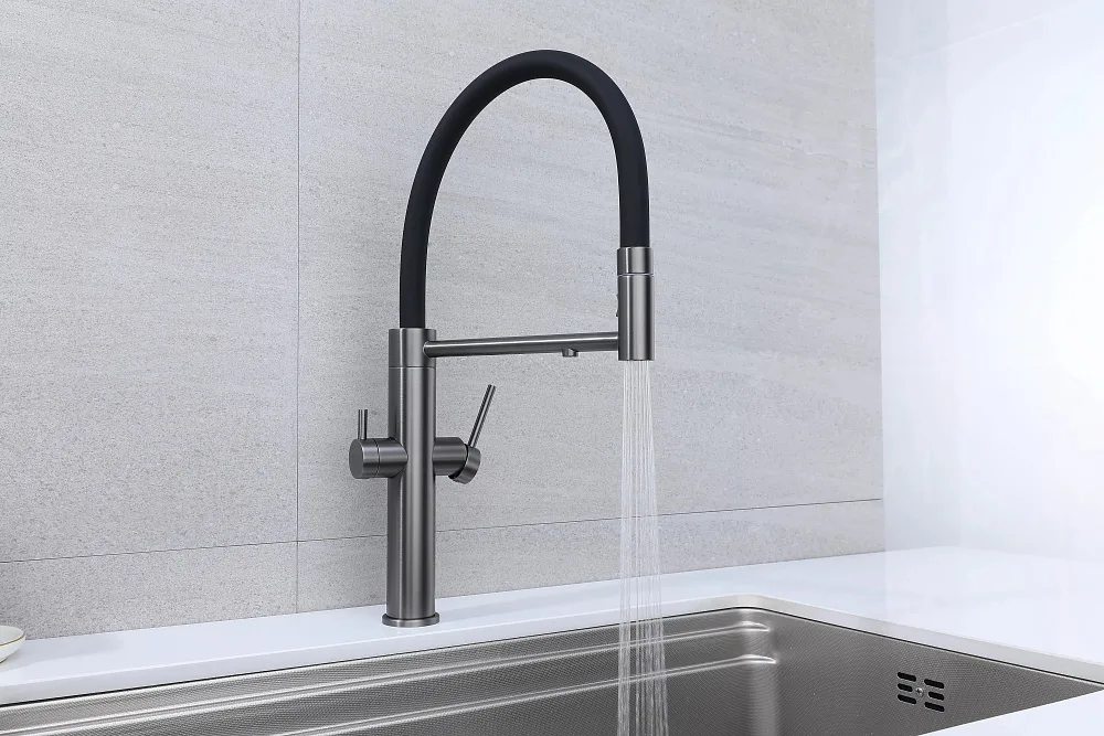Смеситель для кухни Paulmark Nexus Ne213999-GM с гибким изливом, вороненая сталь Sancos — официальный сайт