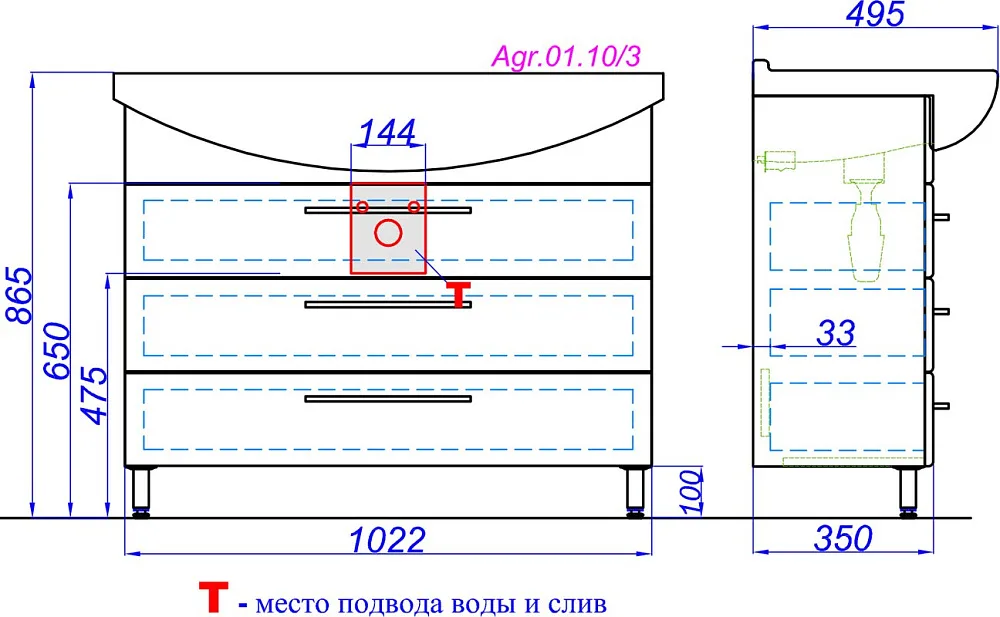 Тумба под раковину без столешницы Aqwella Allegro 105 с 3 ящиками Sancos — официальный сайт