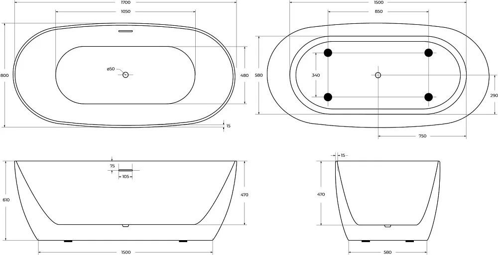 Акриловая ванна BelBagno BB415 170x80 см, отдельностоящая, белая, овальная, со сливом-переливом Sancos — официальный сайт