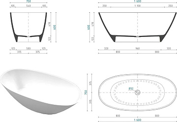 Ванна из искусственного камня WHITECROSS Onyx B 160x75 см, отдельностоящая, белая, овальная, с донны