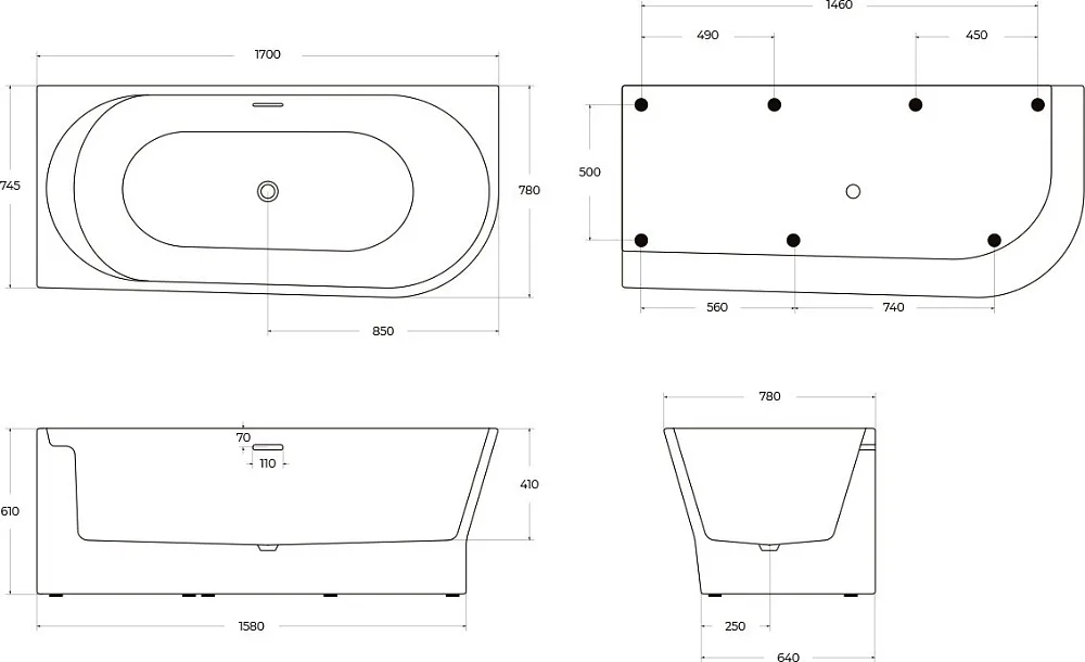 Акриловая ванна BelBagno BB410-1700-780-L без опоры 170x80 см, левая, пристенная, белая, со сливом-п Sancos — официальный сайт
