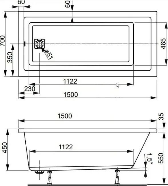 Акриловая ванна Vagnerplast Cavallo VPBA157CAV2X-04 без опоры 150x70 см, пристенная, ультрабелая Sancos — Оригинал