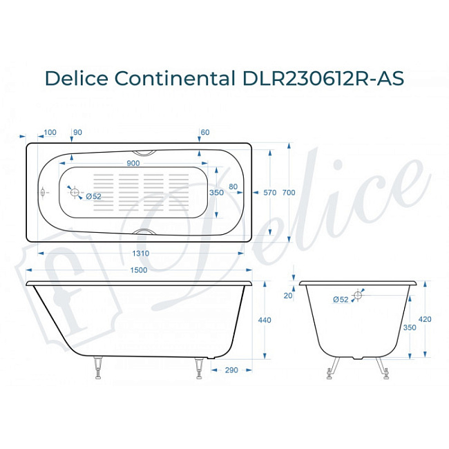 Чугунная ванна Delice Continental 150x70 см, с отверстиями для ручек, с антискользящим покрытием