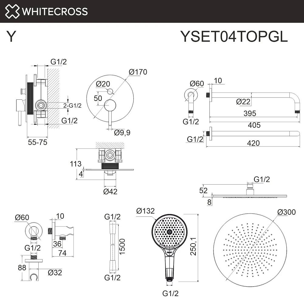 Душевой комплект WHITECROSS Y YSET04TOPGL, С ВНУТРЕННЕЙ ЧАСТЬЮ, золото