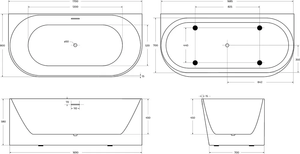Акриловая ванна BelBagno BB412 170x80 см, пристенная, белая матовая, овальная, со сливом-переливом,  Sancos — официальный сайт