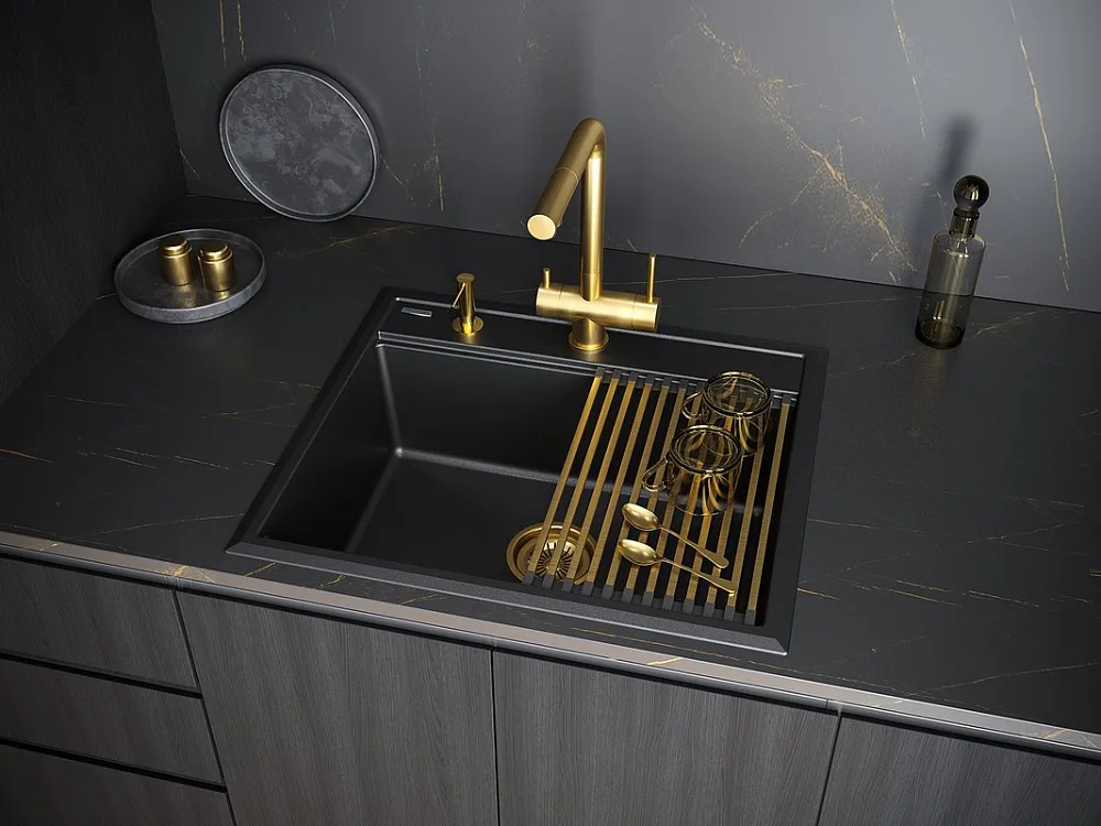 Мойка кухонная Paulmark Stepia + Step PM115951-BLM+R375-BS черный металлик Sancos — официальный сайт