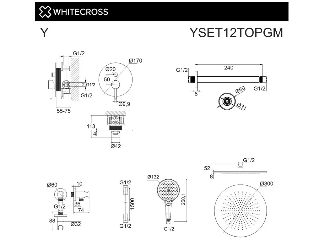 Душевой комплект WHITECROSS Y YSET12TOPGM, С ВНУТРЕННЕЙ ЧАСТЬЮ, оружейная сталь Sancos — официальный сайт