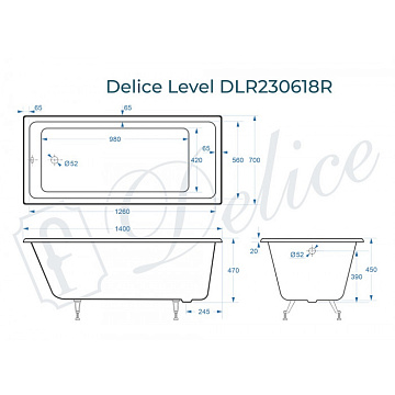 Чугунная ванна Delice Level 140х70 см