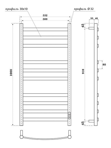 Полотенцесушитель электрический APEXTERMO Умбра UM00105BM 100x55 см, подключение справа, слева, скры