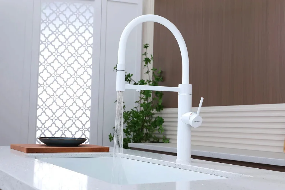 Смеситель для кухни Paulmark Ganymede Ga213199-WH с гибким изливом, белый матовый Sancos — официальный сайт