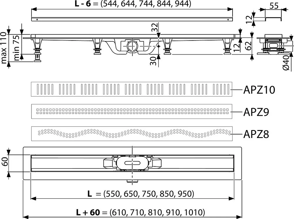 Душевой трап (лоток) AlcaPlast APZ8-Simple 650M с решеткой и опорами Sancos — официальный сайт