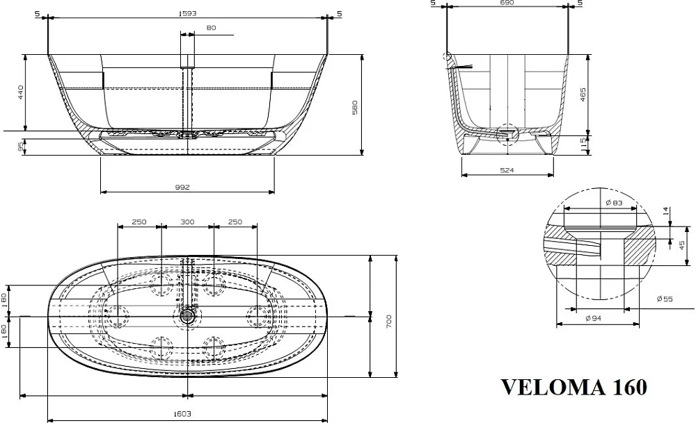 Ванна из искусственного камня Plumberia Selection Veloma 160x70 см, отдельностоящая, биколор матовый Sancos — официальный сайт