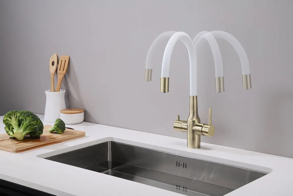 Смеситель для кухни Paulmark Salix 213419-BRw, бронза, белый, с гибким изливом Sancos — официальный сайт