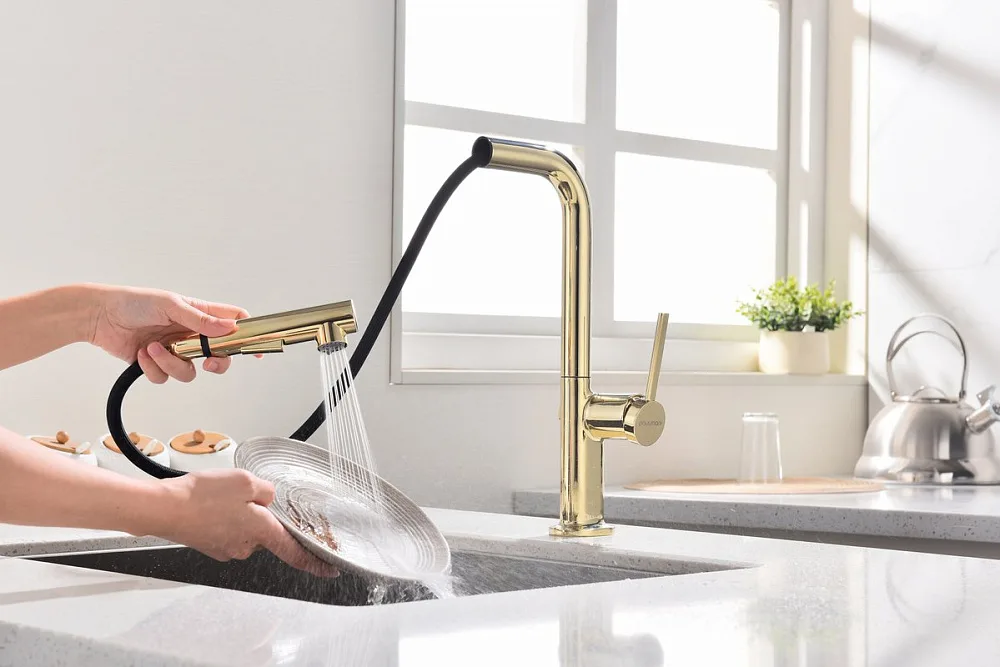 Смеситель для кухни Paulmark Neo Ne214419-G, золото Sancos — официальный сайт