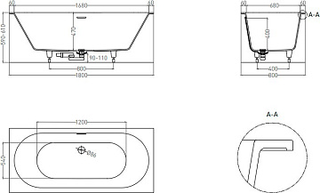 Ванна из искусственного камня Salini Ornella Axis Kit S-Sense 180x80 см, встраиваемая, белая, на нож